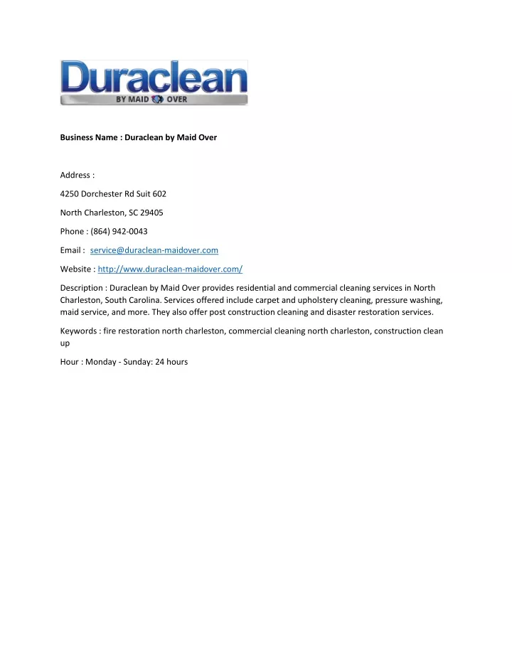 business name duraclean by maid over