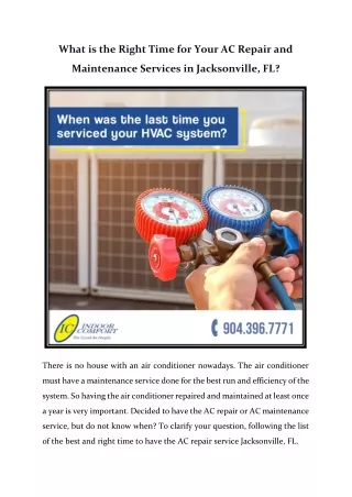 What is the Right Time for Your AC Repair and Maintenance Services in Jacksonville, FL?