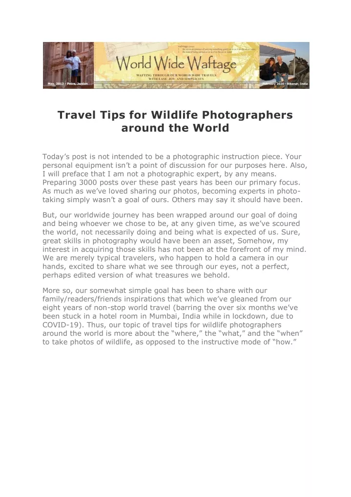 travel tips for wildlife photographers around