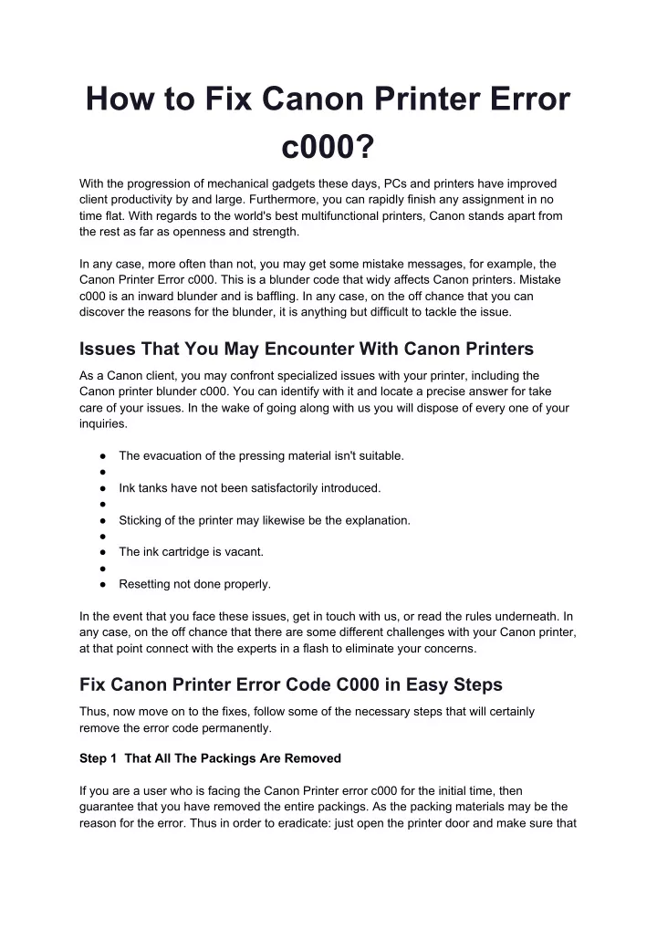 how to fix canon printer error c000