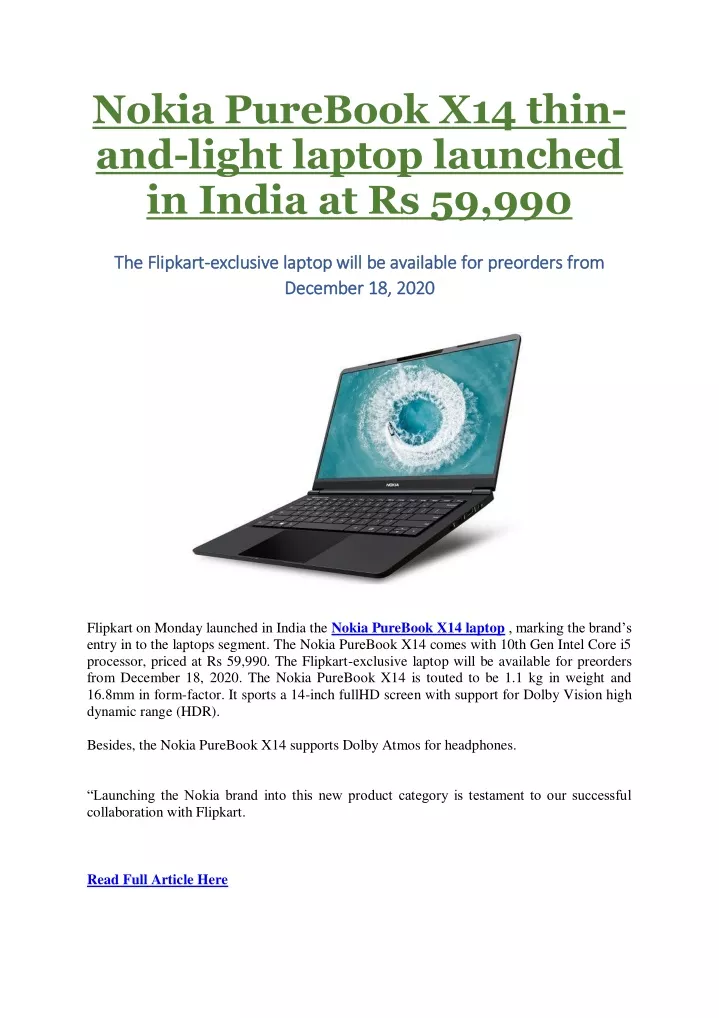 nokia purebook x14 thin and light laptop launched