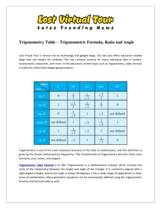 Trigonometry Table – Trigonometric Formula, Ratio and Angle