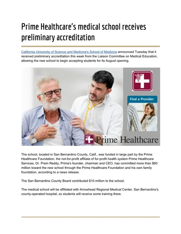 Prime Healthcare's medical school receives preliminary accreditation