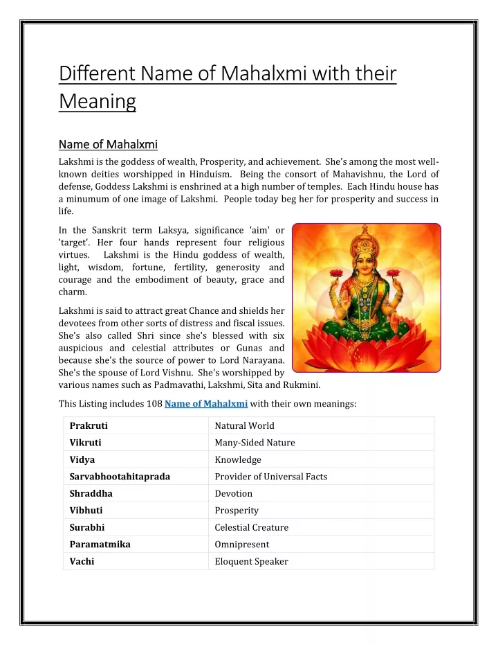 different name of mahalxmi with their meaning