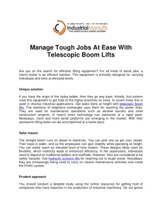 Manage Tough Jobs At Ease With Telescopic Boom Lifts