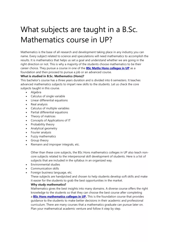 what subjects are taught in a b sc mathematics