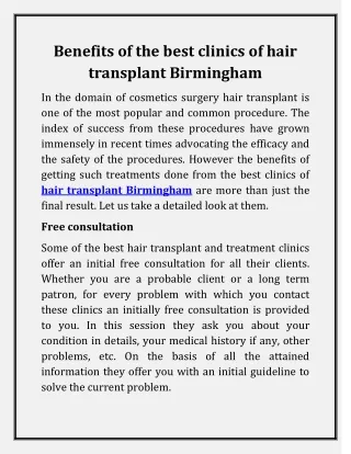 Benefits of the best clinics of hair transplant Birmingham