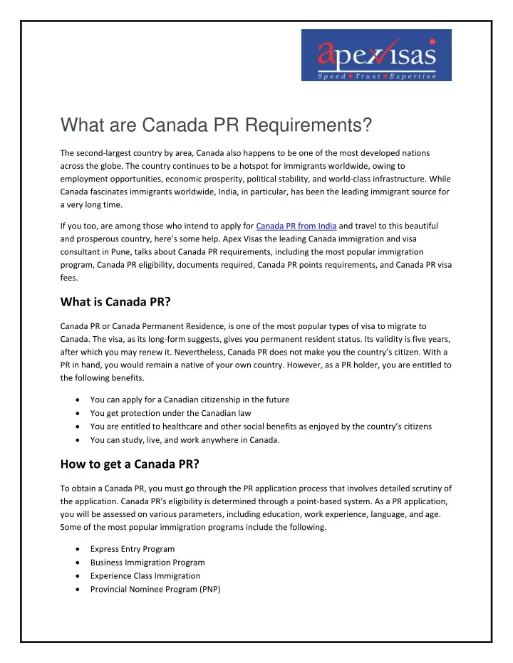 what are canada pr requirements