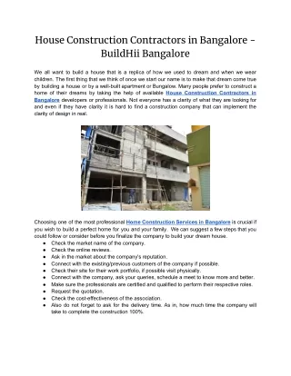 House Construction Contractors in Bangalore - BuildHii Bangalore