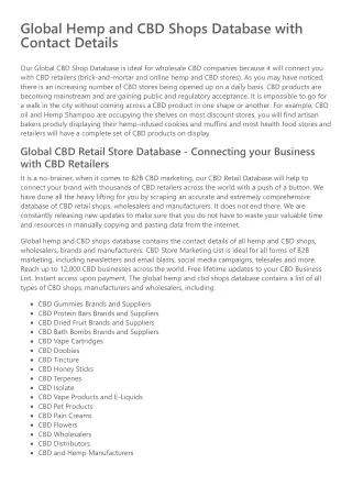 Global Hemp Industry Database and CBD Shops B2B Business Data List with Emails https://creativebeartech.com/product/glob