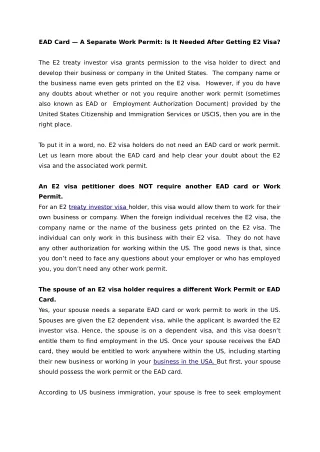 EAD Card — A Separate Work Permit: Is It Needed After Getting E2 Visa?