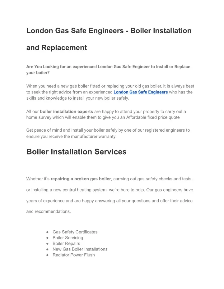 london gas safe engineers boiler installation