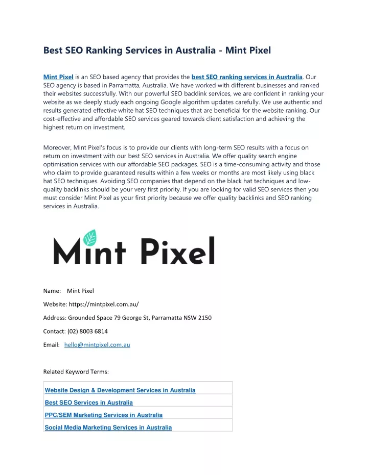 best seo ranking services in australia mint pixel