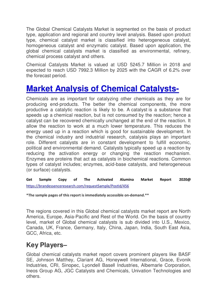 the global chemical catalysts market is segmented
