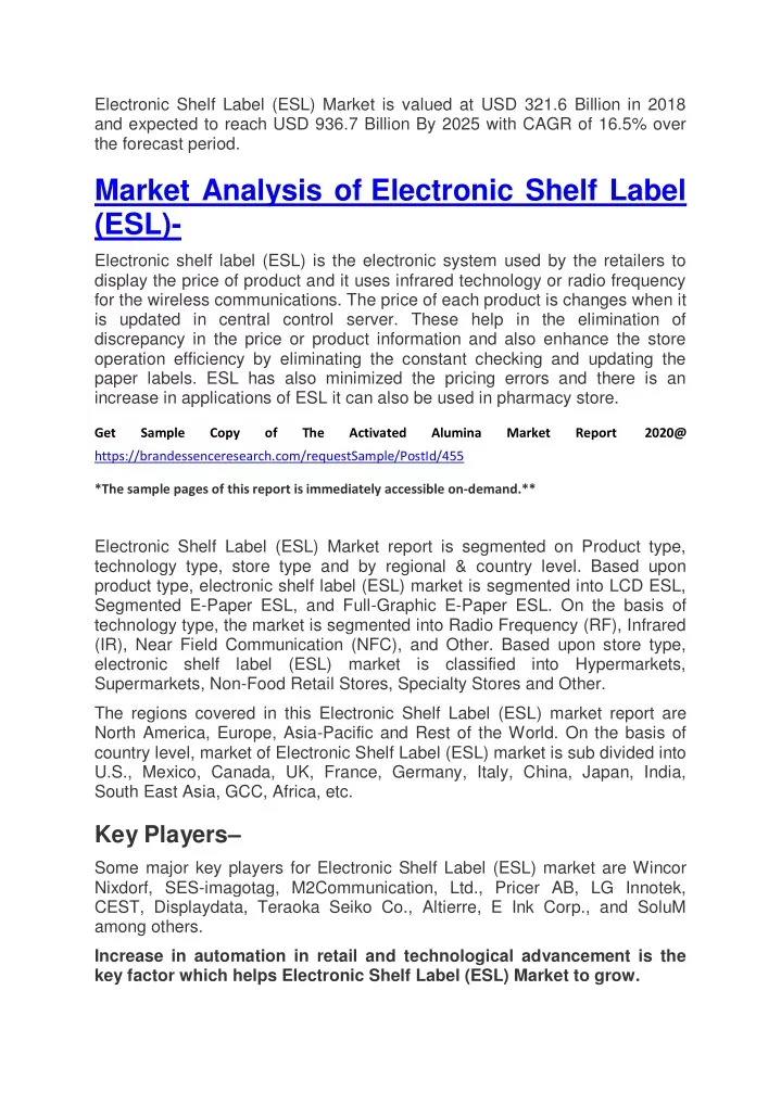 electronic shelf label esl market is valued