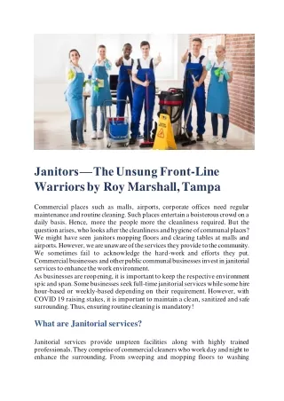 Janitors — the unsung front line warriors by Roy Marshall, Tampa