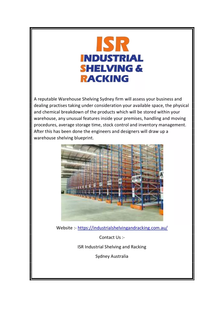 a reputable warehouse shelving sydney firm will