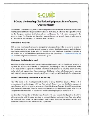 S-Cube, the Leading Distillation Equipment Manufacturer, Creates History