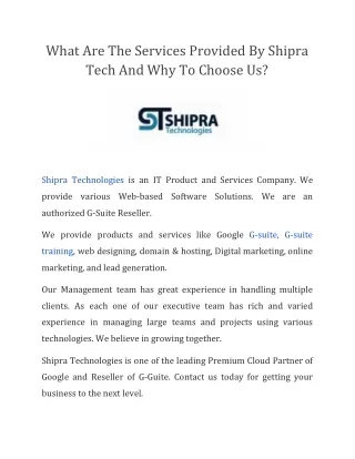 What are the services provided by Shipra Tech And why to choose Us?