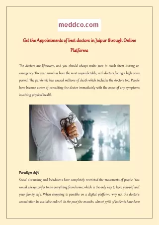 Get the Appointments of best doctors in Jaipur through Online Platforms