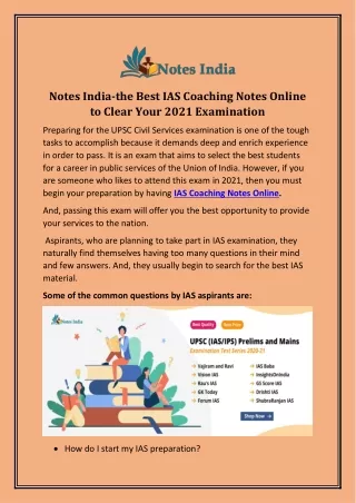 Notes India-the Best IAS Coaching Notes Online to Clear Your 2021 Examination
