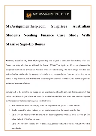 MyAssignmenthelp.com Surprises Australian Students Needing Finance Case Study With Massive Sign-Up Bonus