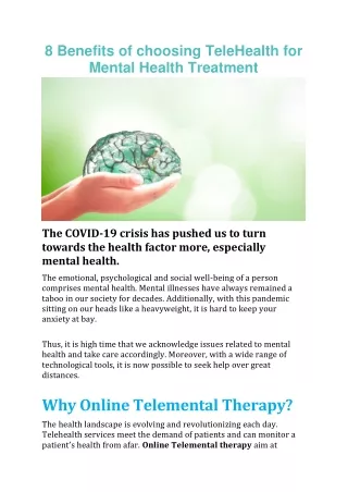 8 Benefits of choosing Telehealth for Mental Health Treatment