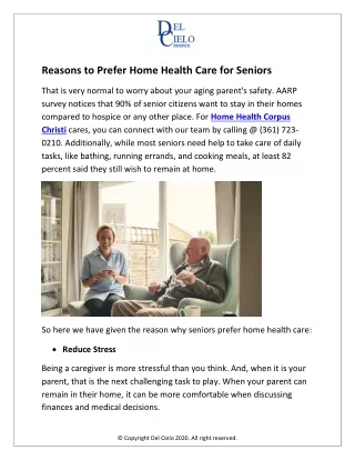 Reasons to Prefer Home Health Care for Seniors