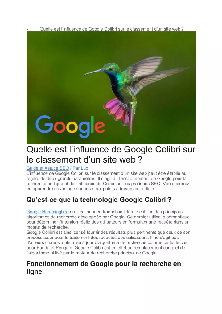 quelle est l influence de google colibri