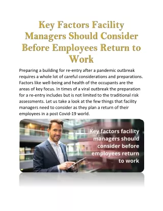 Key Factors Facility Managers Should Consider Before Employees Return to Work