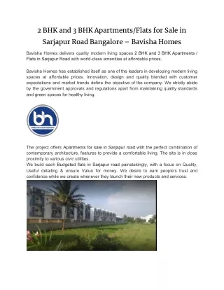 2 BHK and 3 BHK Apartments/Flats for Sale in Sarjapur Road Bangalore – Bavisha Homes