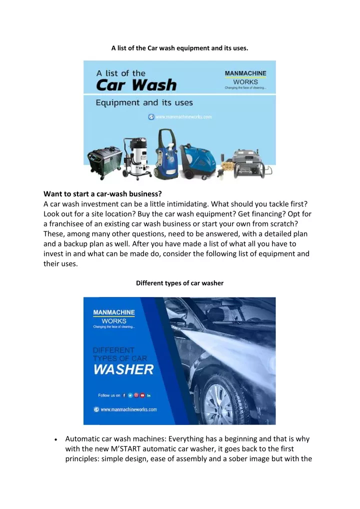 a list of the car wash equipment and its uses