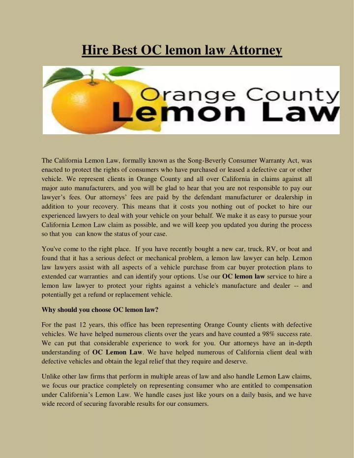 hire best oc lemon law attorney