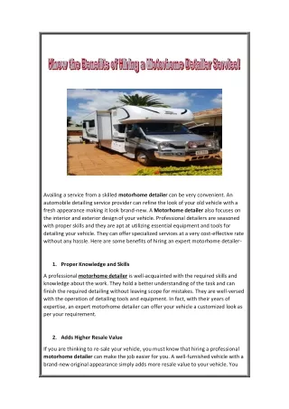 Know the Benefits of Hiring a Motorhome Detailer Service