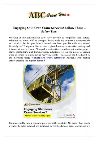 Engaging Shutdown Crane Services? Follow These 4 Safety Tips!