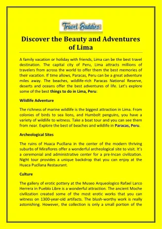 discover the beauty and adventures of lima