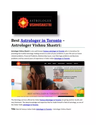 Best Astrologer in Toronto – Astrologer Vishnu Shastri: