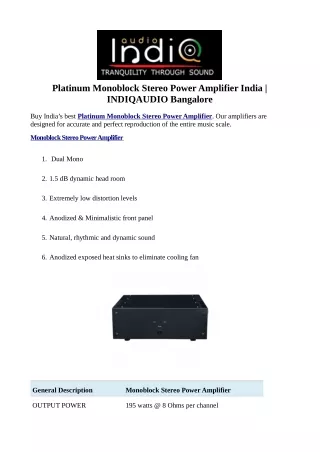 Platinum Monoblock Stereo Power Amplifier India | INDIQAUDIO Bangalore