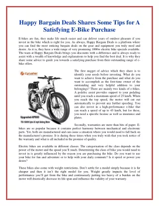 Happy Bargain Deals Shares Some Tips for A Satisfying E-Bike Purchase