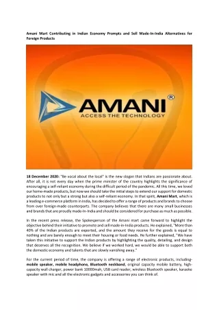 Amani Mart Contributing in Indian Economy Prompts and Sell Made-In-India Alternatives for Foreign Products