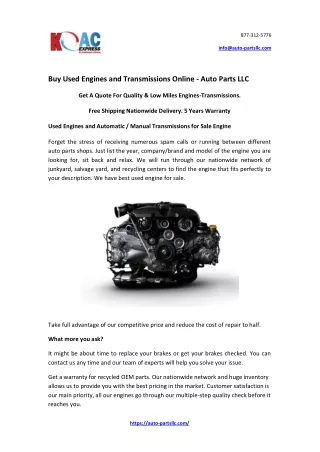 Buy Used Engines and Transmissions Online - Auto Parts LLC