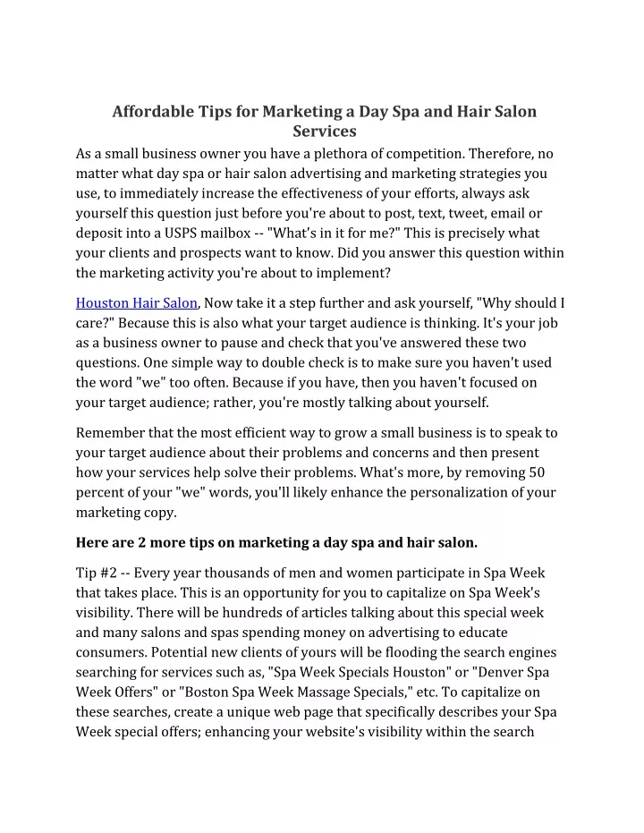 affordable tips for marketing a day spa and hair