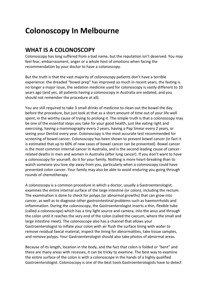 colonoscopy in melbourne what is a colonoscopy