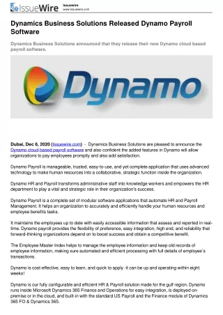 Dynamics Business Solutions Released Dynamo Payroll Software [Press Release]