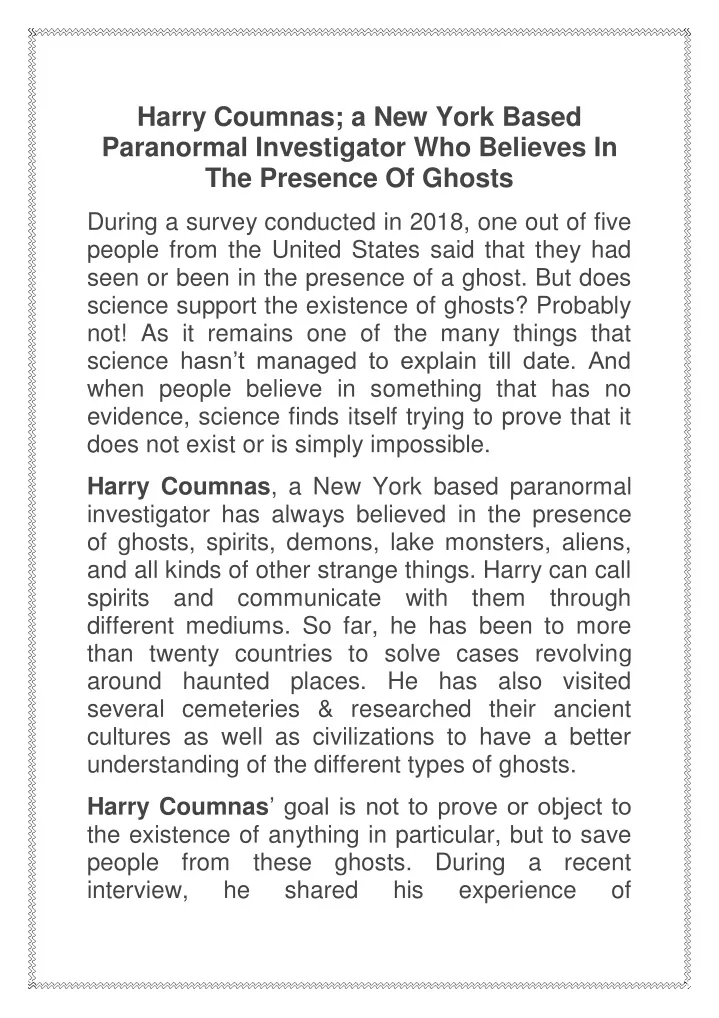 harry coumnas a new york based paranormal