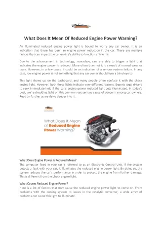 What Does It Mean Of Reduced Engine Power Warning?
