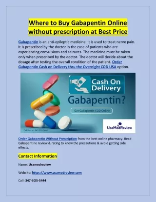 Where to Buy Gabapentin Online without prescription at Best Price