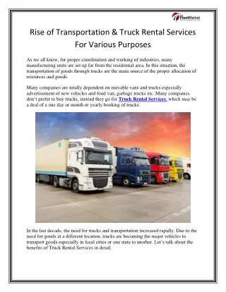 Rise of Transportation & Truck Rental Services For Various Purposes