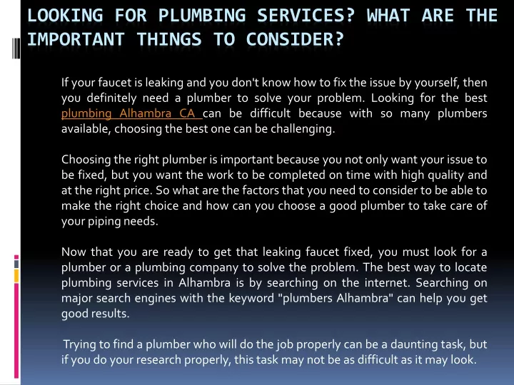 looking for plumbing services what are the important things to consider