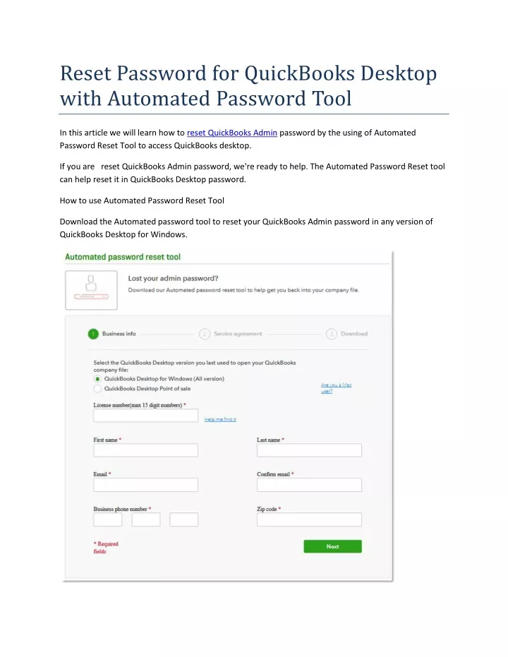 reset password for quickbooks desktop with
